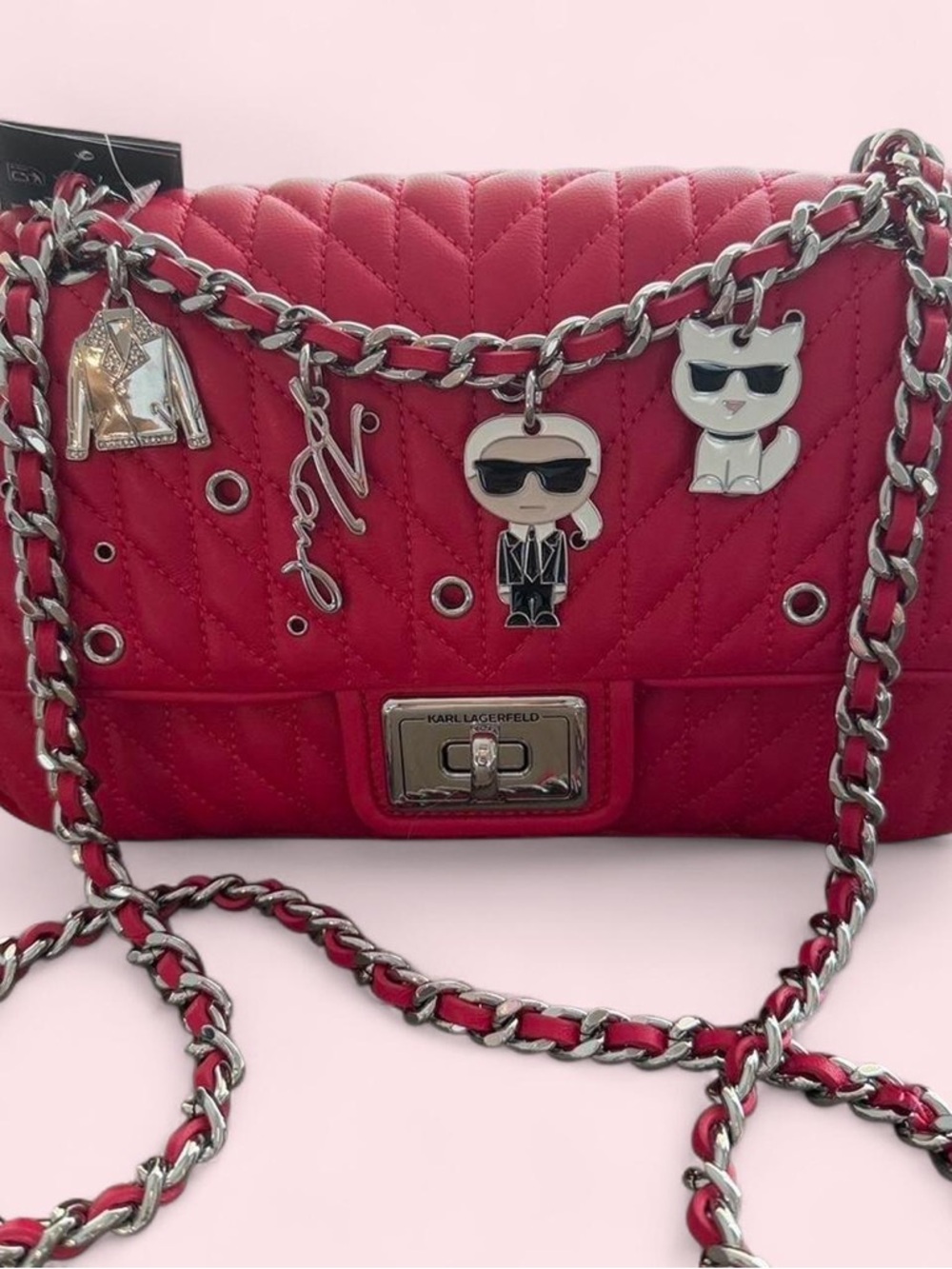 Karl Lagerfeld Quilted Red Chain Crossbody with Charm Accents